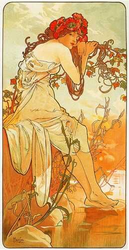The artwork "Summer" by Alphonse Mucha features a serene woman draped in flowing garments, adorned with vibrant red flowers against a warm, idyllic background. This piece exemplifies Mucha's Art Nouveau style, characterized by its graceful lines and harmonious integration of natural elements.