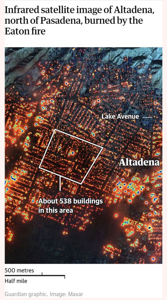 Infrared satelitte image from Guardian of LA's Eaton fire, a city grid of hundreds if not thousands of individual buildings on fire