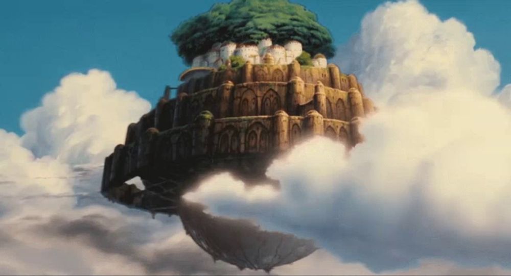 a castle floating in the sky with a tree on top of it