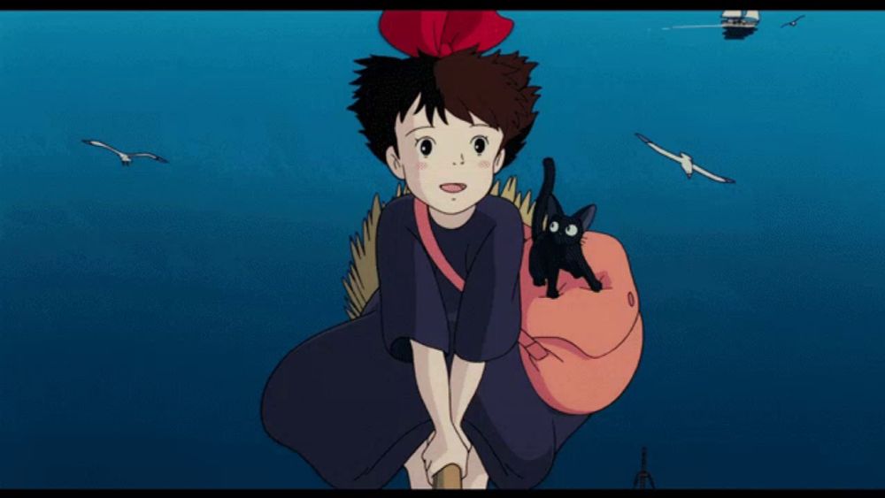 a cartoon of a girl riding a broom with a cat on her back