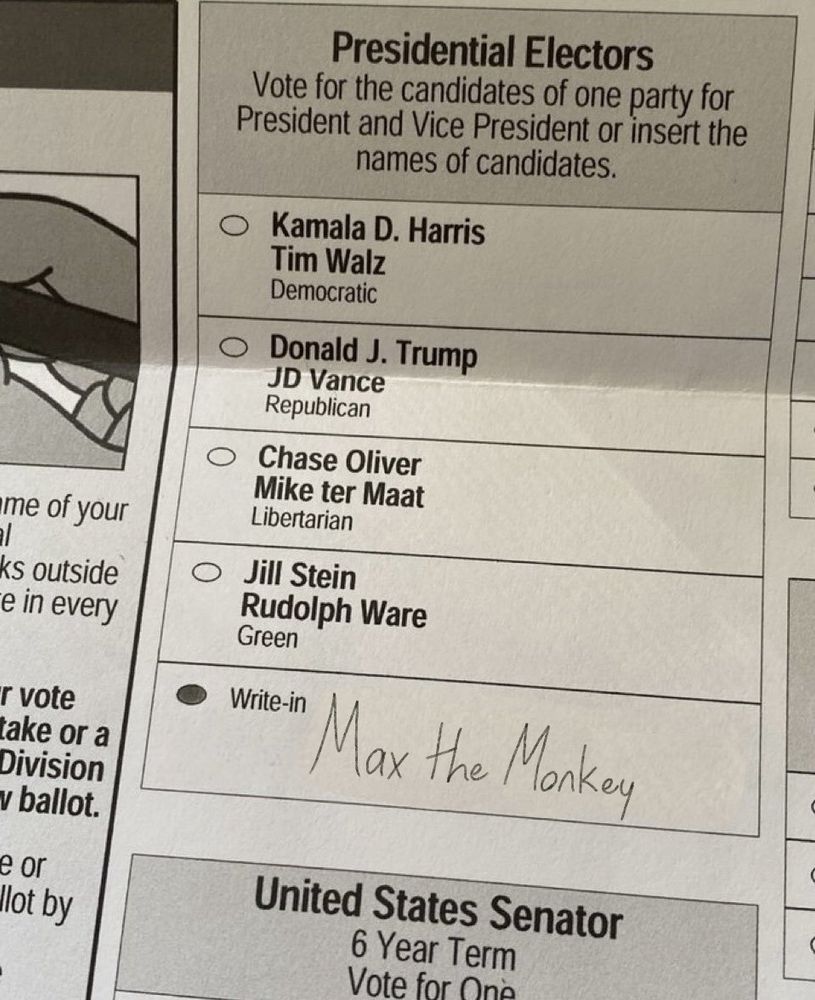 Ballot showcasing the presidential electors section with options of presidential candidates, the "write-in" option is selected with "Max the Monkey" written besides it