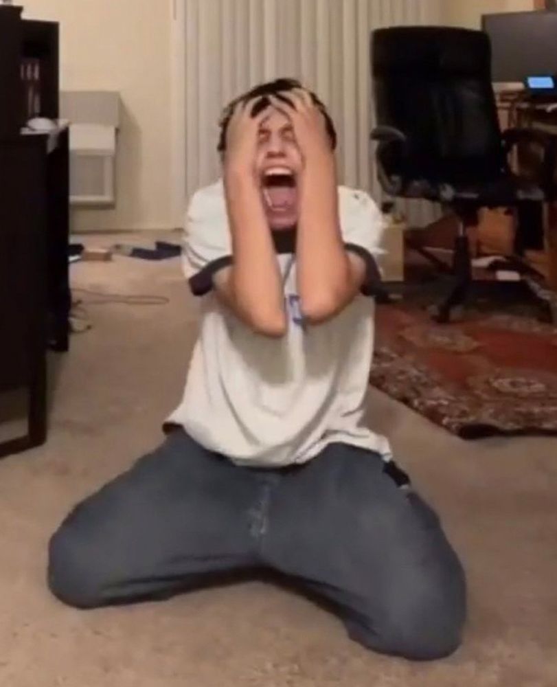 Reaction of a white masculine person on their knees in what looks like a living room; they are clutching their face in agony, their mouth open as if screaming
