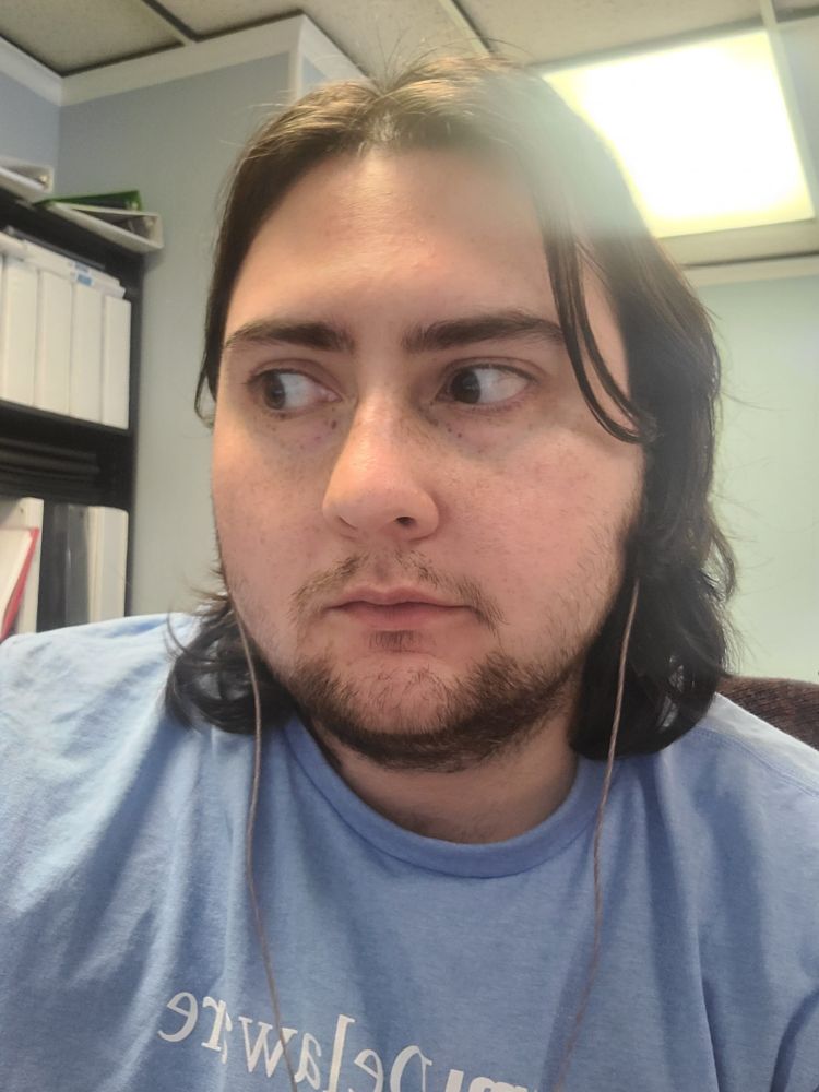White trans man with long brown hair and eyes and some brown facial looking to the left. He is in a light blue shirt and sitting in an office.