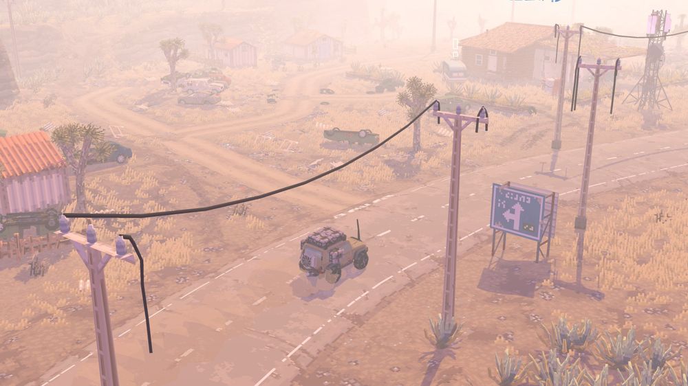 a jeep driving down an abandoned dusty road