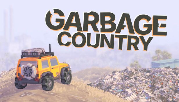 GARBAGE COUNTRY key art showing the rear of a yellow jeep standing still on a hilloverlooking a giant heap of garbage
