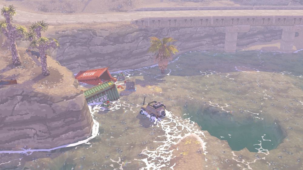 a jeep driving through shallow water towards shipping containers