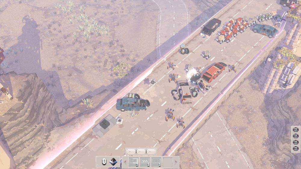 an overpass covered in abandoned vehicles with a swarm of robots attacking each other