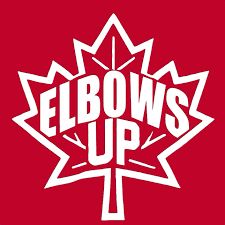 Red and white background with Maple Leaf and Elbows Up - Canada