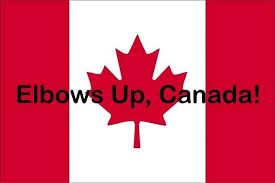 image of Canada red and white flag with Elbows Up, Canada writing.