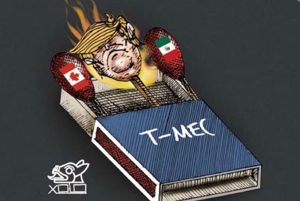 A political cartoon which appeared in the daily newspaper 24 Horas on Thursday, referring to the current trade deal between Canada, the U.S. and Mexico. (Xolo/24 Horas)

photo of book of matches with canada on the left US with trumps face on fire on the middle and mexico on the right