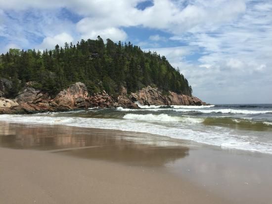 Black Brook Beach, Cape Breton, sand, waves and trees on rocky oceanside