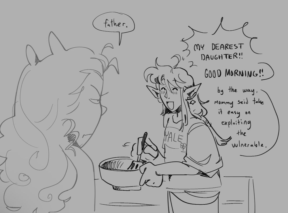 Alphinaud making breakfast for his kid and relaying Ham news to her.