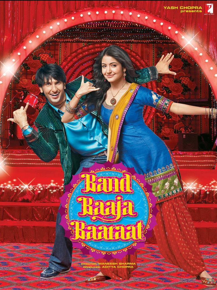 a poster for "band baaja baaratt". a man and a woman are dancing in front of a red stage.