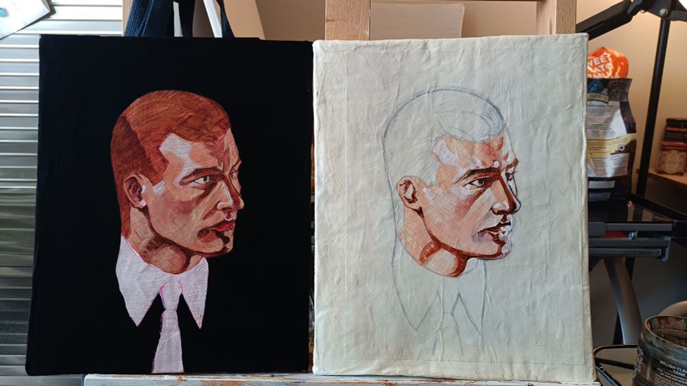 a picture of two canvases sitting next to each other in a easel. both have unfinished paintings on them of the same profile of a white man with slicked back hair. the canvas on the left has a black background, and the canvas on the right has a white background. 