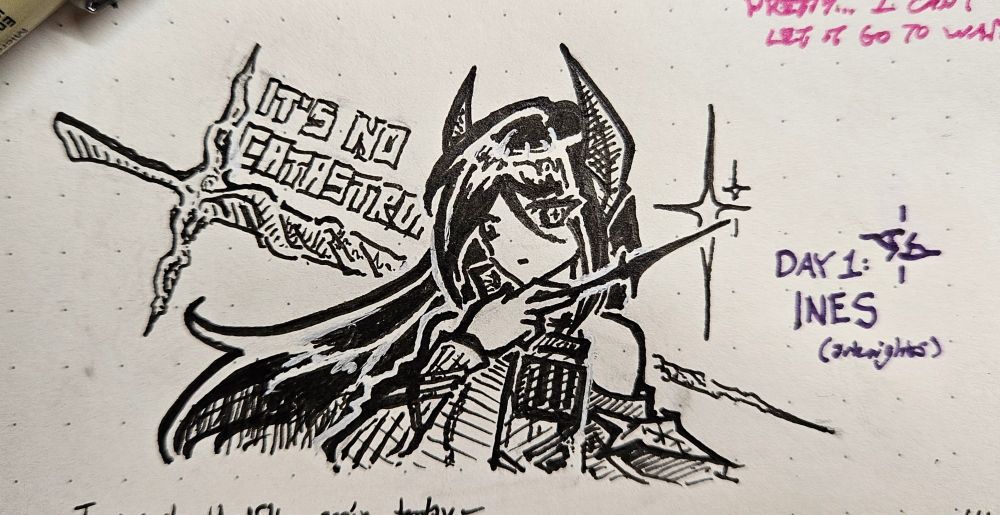 a small ink drawing of ines from arknights with her shadow sentry in the background