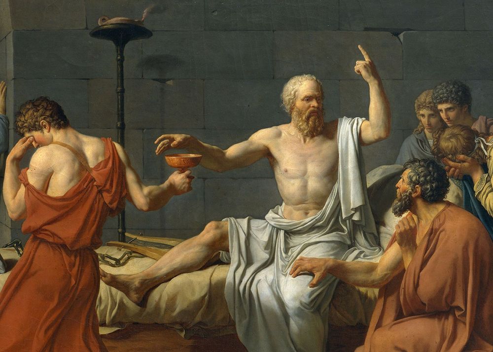 This is a painting of Socrates being handed a poisoned chalice as he's making a speech