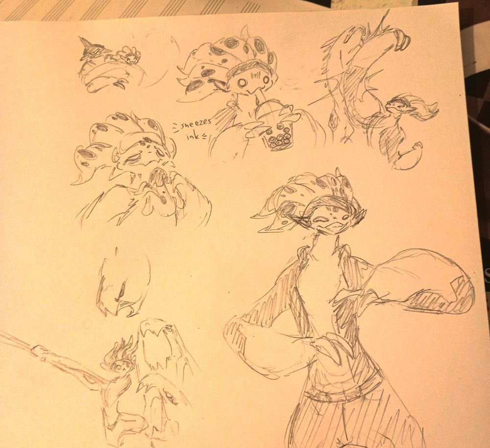 Here's a picture of Kraken, from the team Dives, wearing a jumpsuit and a headband, making the tentacles on his head look like dreadlocks , he's standing at the right of the picture dancing. There are other doodles of him across the page, punching a criminal, running away from mutant Kaiju snapping turtles, sneezing ink, slurping on a bubble tea, and hugging Orcha with his stretchy arms 