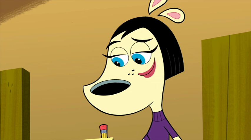 Becky (I guess a cartoon dog? who knows) from the animated series T.U.F.F. Puppy who, through no fault of her own, was drawn with a face where somehow her mouth is right below her eyes but then she also has an enormous dog nose with... no mouth? i don't know how to describe this. imagine if you touched a dog's face and it had a mouth like sort of back where the jawbone is and then the whole rest of the nose had no mouth but also it was, idk, like a pitbull or something with a BIG SNOOT. this is really challenging to alt text because it is visually such a disaster.