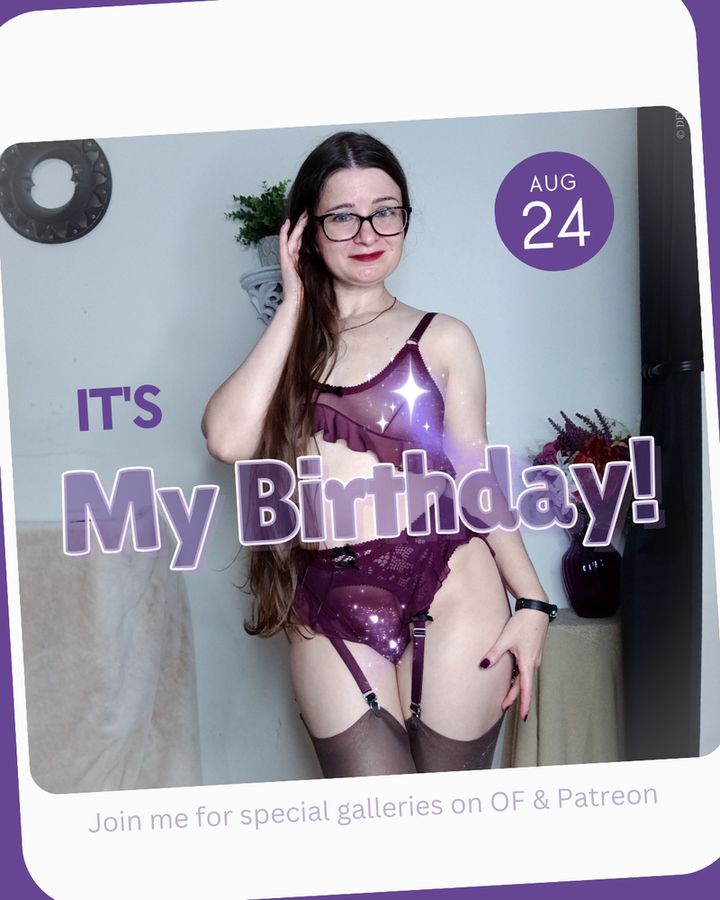 A birthday photo of Dekilah featuring sheer plum purple lingerie.