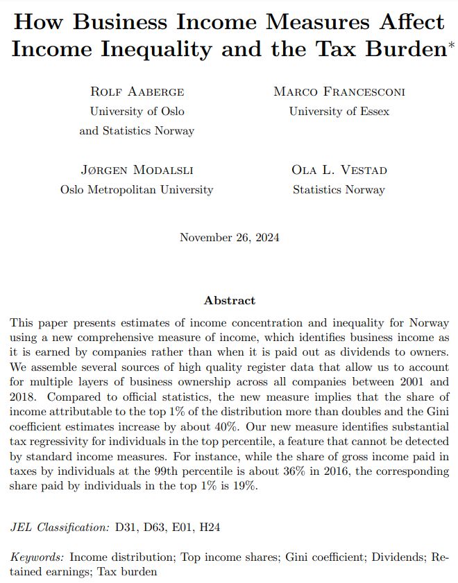 This paper presents estimates of income concentration and inequality for Norway using a new comprehensive measure of income, which identifies business income as it is earned by companies rather than when it is paid out as dividends to owners. We assemble several sources of high quality register data that allow us to account for multiple layers of business ownership across all companies between 2001 and 2018. Compared to official statistics, the new measure implies that the share of income attributable to the top 1\% of the distribution more than doubles and the Gini coefficient estimates increase by about 40\%. Our new measure identifies substantial tax regressivity for individuals in the top percentile, a feature that cannot be detected by standard income measures. For instance, while the share of gross income paid in taxes by individuals at the 99th percentile is about 36\% in 2016, the corresponding share paid by individuals in the top 1\% is 19\%.
