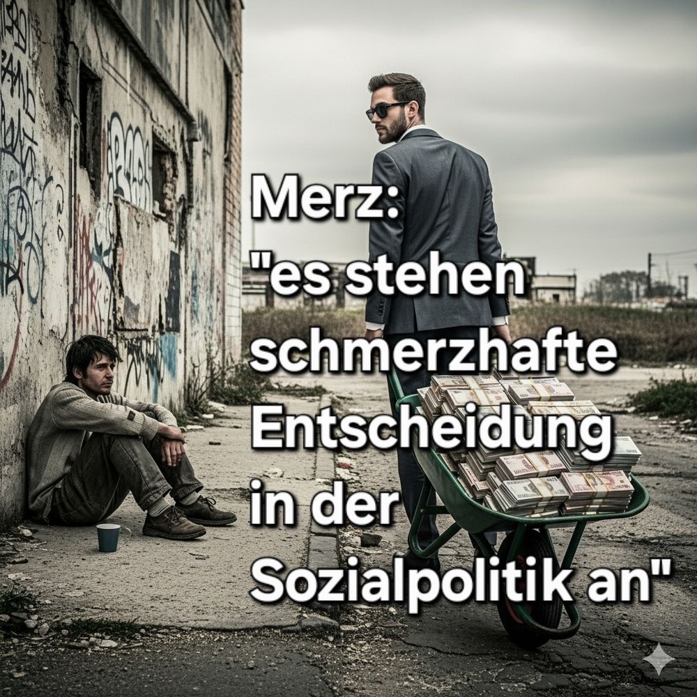 Zugespitzte Darstellung : Ein Mann im Anzug zieht eine Schubkarre mit Geldbeutel Und schaut auf einen armen Menschen herab der am Boden sitz 