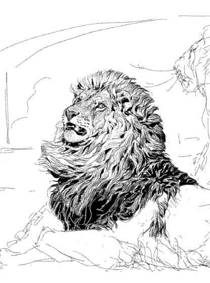 A lion with its head raised in imitation of the style of a steel plate painting ，is part of a work