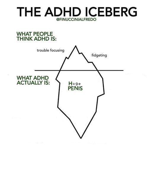 "THE ADHD ICEBERG"

What people think ADHD is: 
-Trouble focusing
-fidgeting

What ADHD actually is:
- Huge PENIS