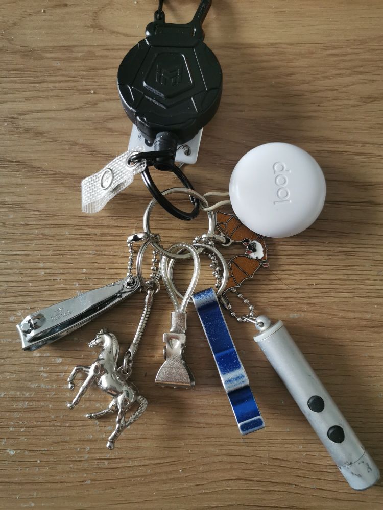 Photo d'un porte clef retractable contenant: un mini coupe ongle, un petit  cheval argenté, une pince clip vide, un œuvre bouteille bleu, une chauve souris lpo, un pointeur laser/ lampe, une pair de loop. 