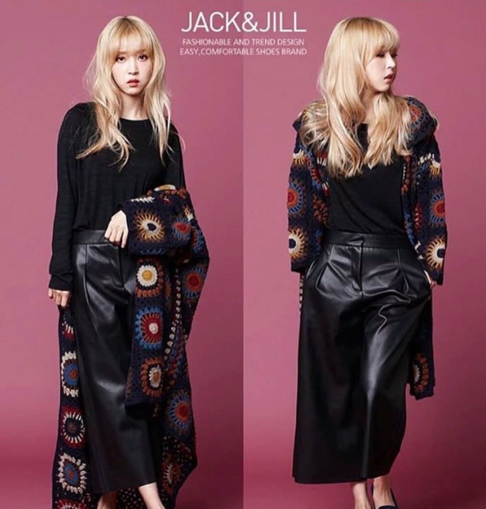 One of my favorite pictures of Korean artist Moonbyul, with her long hair dyed blonde and wearing a black leather suit for Jack & Jill brand.