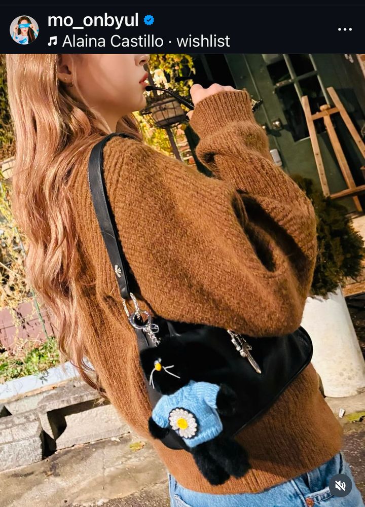 
Photo showing Moonbyul’s profile view from her nose down, with long, reddish-brown hair, wearing a brown cardigan, jeans and a black purse with a small stuffed black cat doll wearing a baby blue sweater. She is shown against the backdrop of the street pavement and what looks to be the front of a closed store at nighttime. Photo posted by the artist on her instagram account. 