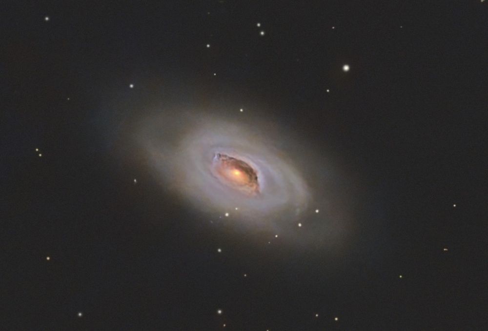 A galaxy with blueish spiral arms and a large dark dust band around its yellow-brownish core, dubbed the "Blach Exe Galaxy".