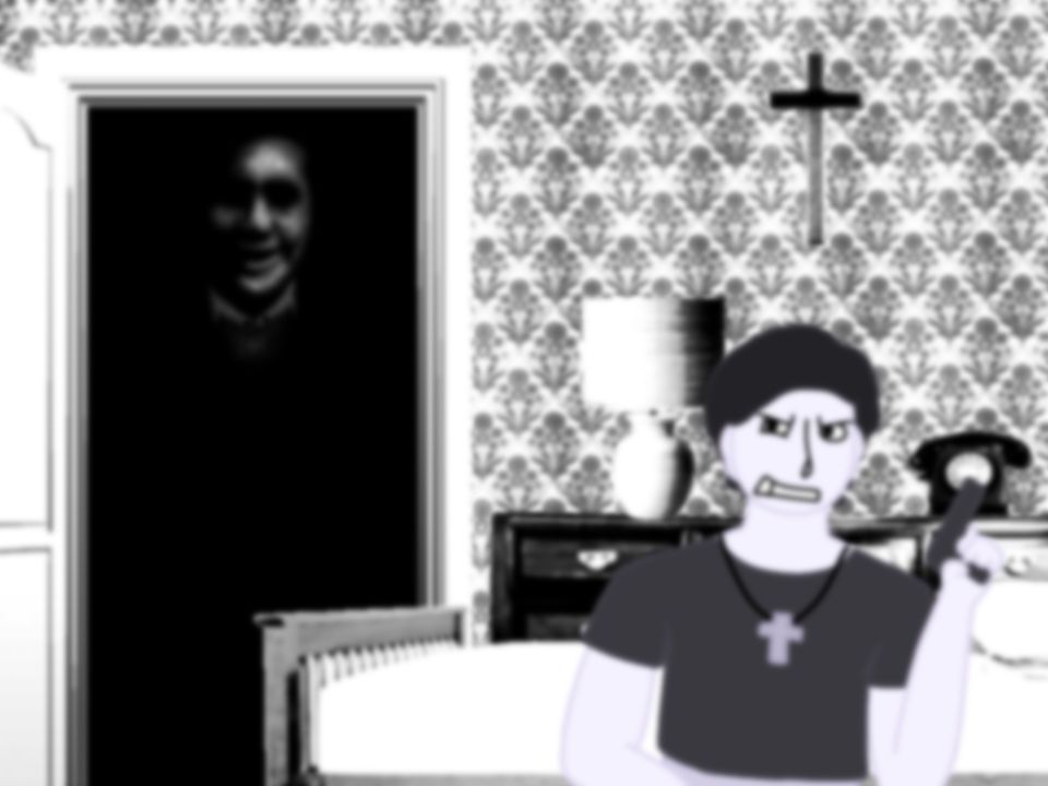 [???], also known as "Cesar Torres", standing in the doorway leading to Mark Heathcliff's room. In colour.
