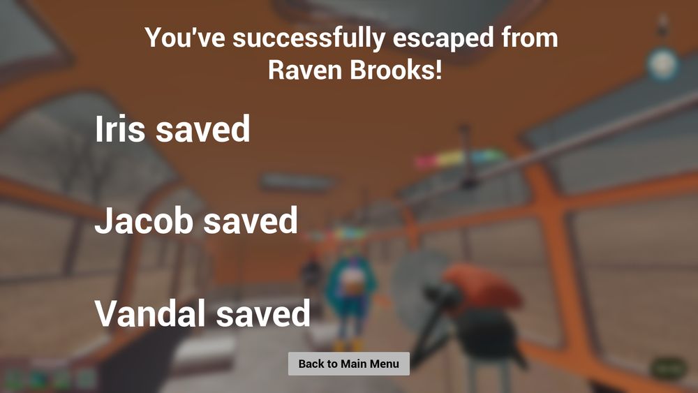 The ending text from Hello Neighbor 3: Prototype 2, showing that Jacob (red hat and blue jacket, far), Iris (big blue hair, middle), and Vandal (red backpack and sign-face, close) have been saved from Raven Brooks.