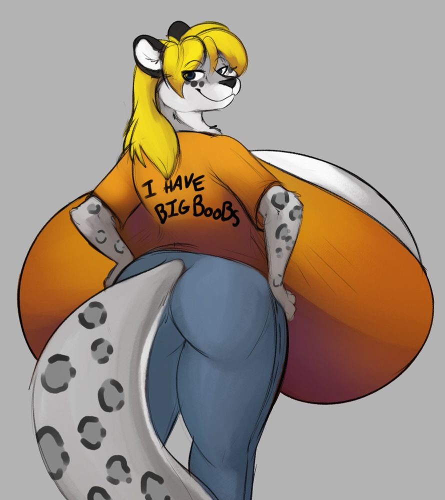 A very smug Sheila wearing an "I have big boobs" t-shirt. Hyper boobs breasts balloons bazongas bazookas bonhonagahoogs etc