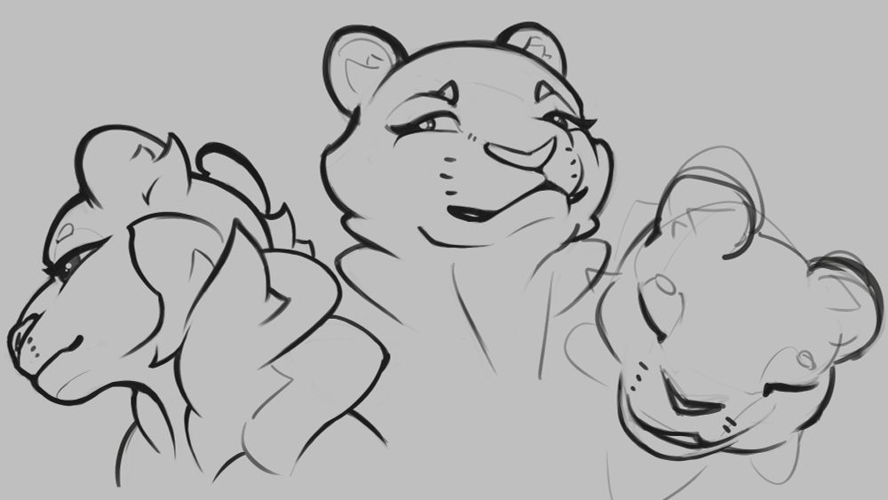 Portrait sketches of a (stripeless) Tiger, neutral, side-eye, contentful
