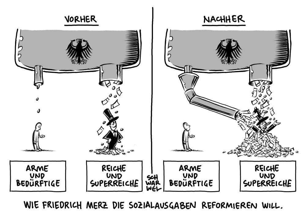 Ein „VORHER - NACHHER“-Doppelbild: Im linken „Vorher“-Bild steht eine Person mit der Bezeichnung „ARME UND BEDÜRFTIGE“, auf die aus dem Staatsausgaben-Topf durch ein dünnes Rohr nur ein paar Geldstücke herabtröpfeln, währen auf eine Person mit der Bezeichnung „REICHE UND SUPERREICHE“ aus einem dicken Rohr Geldstücke und Scheine flattern. Im rechten „Nachher“-Bild die gleiche Grundsituation, nur das das Kleckergeld für „ARME UND BEDÜRFTIGE“ durch ein zusätzliches Rohr zu REICHE UND SUPERREICHE passt umgeleitet wird. Unterzeile: „WIE FRIEDRICH MERZ DIE SOZIALAUSGABEN REFORMIEREN WILL.“ (Credit: SCHWARWEL)