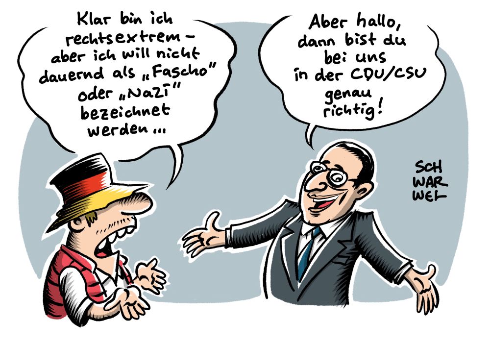 Dummdeutscher: „Klar bin ich rechtsextrem - aber ich will nicht dauernd als „Fascho“ oder „Nazi“ bezeichnet werden …“
Jens Spahn mit ausgebreiteten Armen: „Aber hallo, dann bist du bei uns in der CDU/CSU genau richtig!“
(Credit: SCHWARWEL)