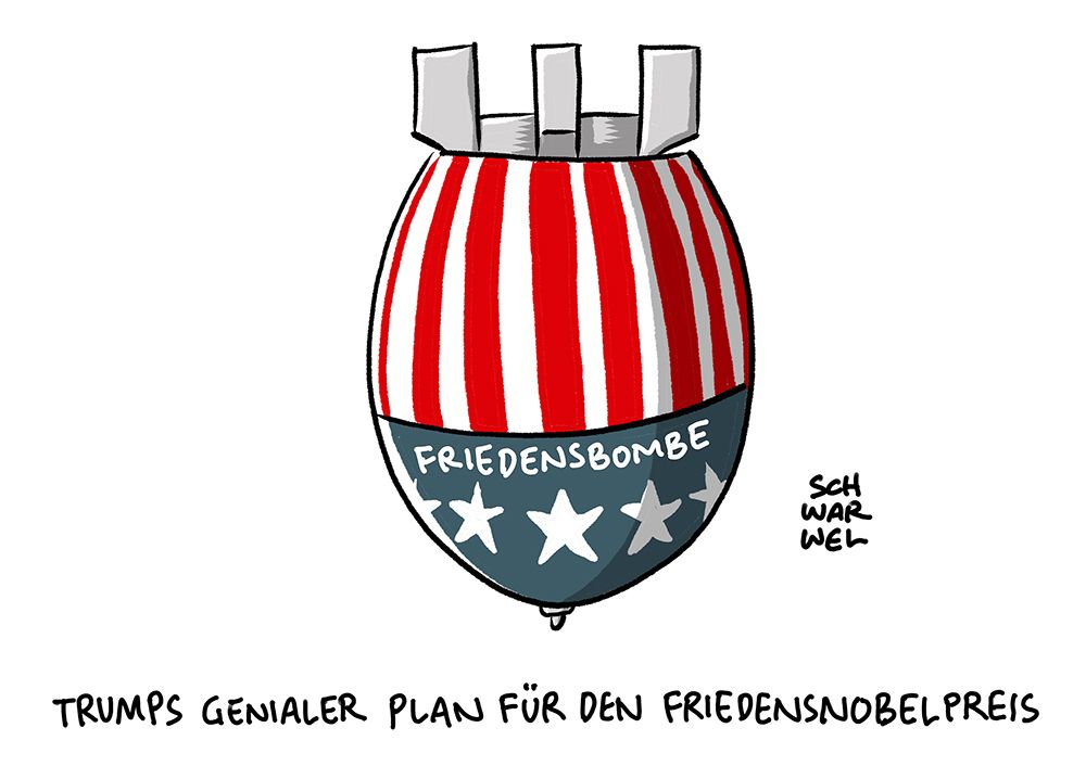 Eine riesige, fallende Atombombe in US-Farben mit der Aufschrift „FRIEDENSBOMBE“. Unterzeile: „TRUMPS GENIALER PLAN FÜR DEN FRIEDENSNOBELPREIS“. (Credit: SCHWARWEL)