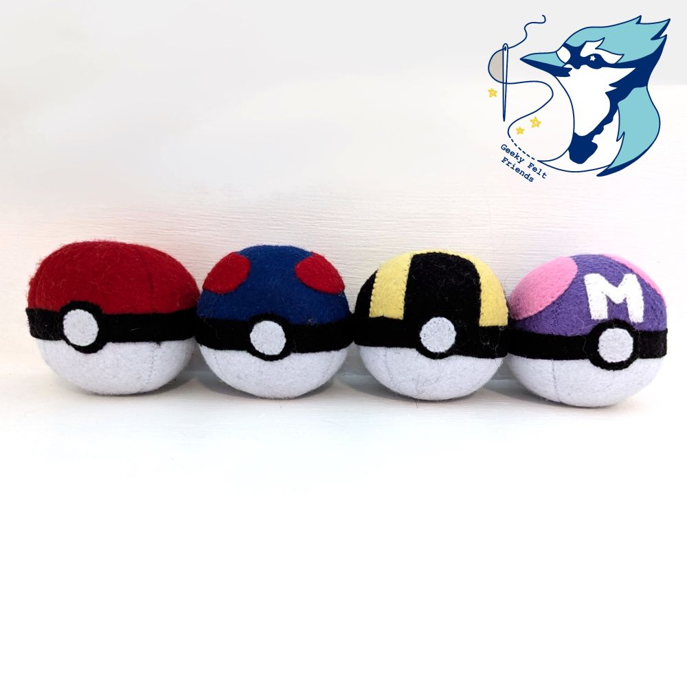 Plush Pokeballs, red, blue, black, and purple