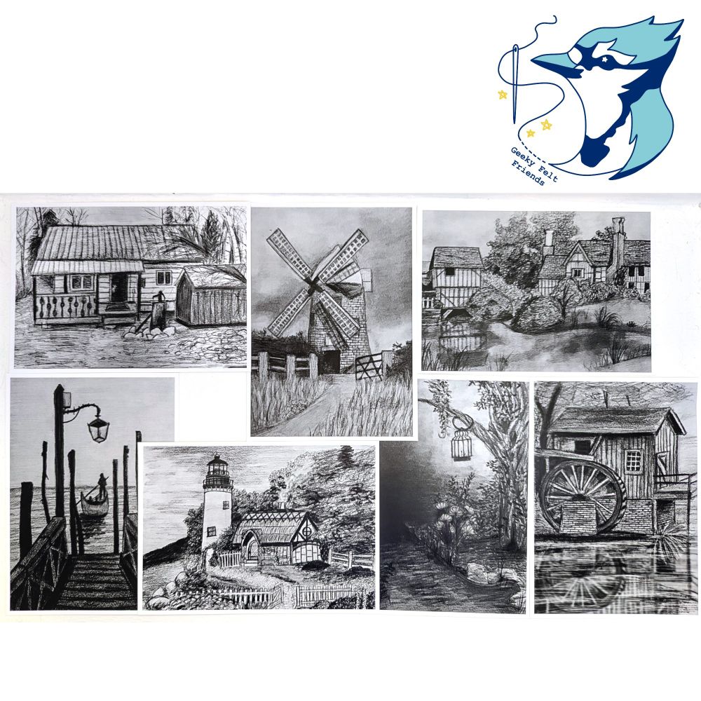 A photo of a collection of art prints, all black and white scenery drawings
 A cabin, a windmill, cottages, a pier, a lighthouse, a gnarled tree, and a waterwheel.