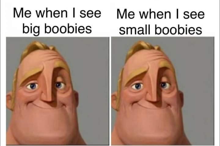 Meme: 
Two identical images of a happy cartoon man with a slightly raised brow. 
Text: me when I see big boobies: image 
Text 2: me when I see small boobies: same image