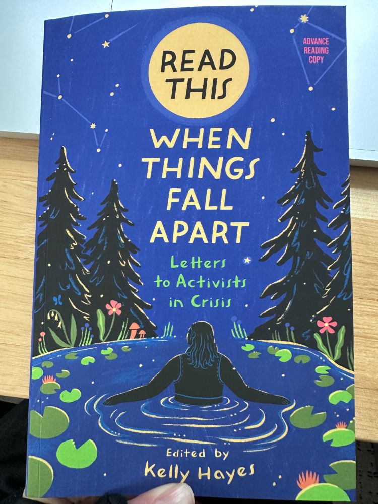 READ THIS WHEN THINGS FALL APART: Letters to Activists in Crisis, Edited by Kelly Hayes

image of a person with long hair in a pond, surrounded by trees and the night sky