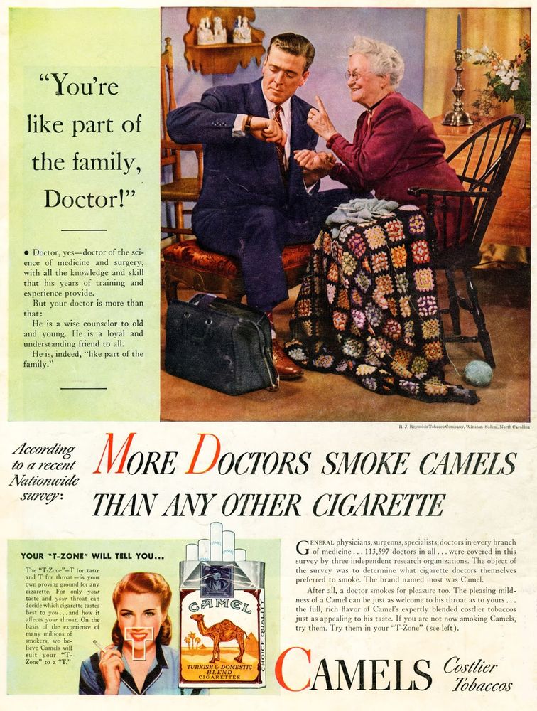 Vintage cigarette ad with the tagline "More Doctors Smoke Camels Than Any Other Cigarette". A doctor checks out an old woman with a blanket on that looks suspiciously like the Collinsport Afghan in Dark Shadows.