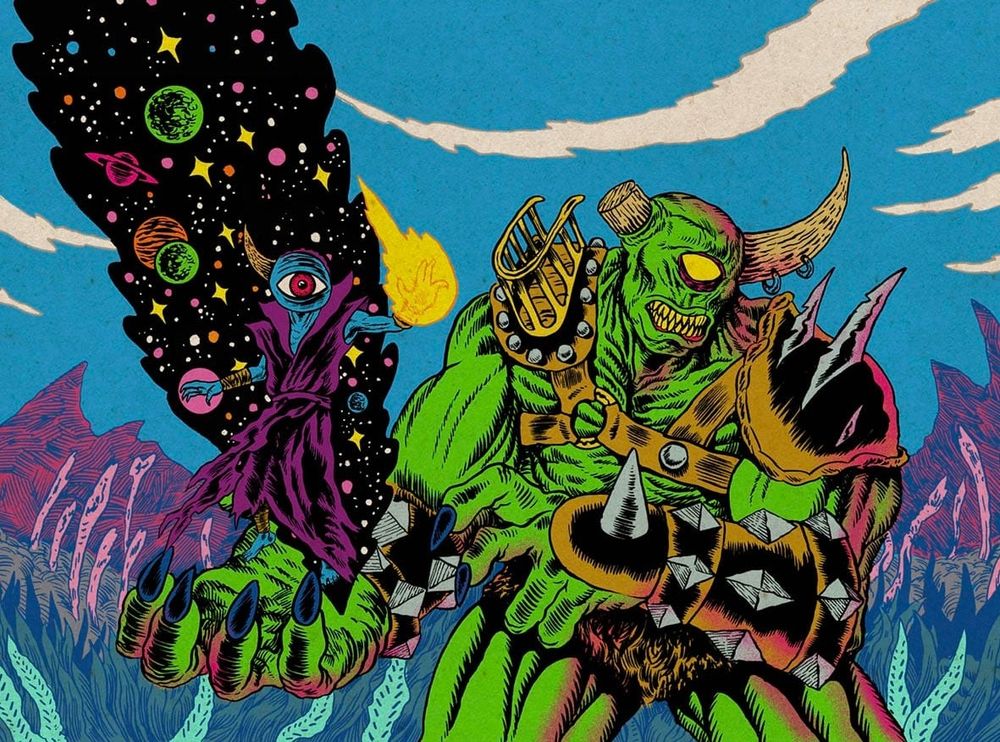 Magic the Gathering art, Zndrsplt and Okaun Secret Lair arts. Zndrsplt is a blue skinned homunculus with a single giant eye for their entire head, in a purple robe, standing on the massive open palm of Okaun, a giant green-skinned cyclops in barbarian armor, yellow horns sprout from Okaun's head, but one is broken, a stump, and somehow the other has two gold earrings, except, what, it's a horn, not an ear. 