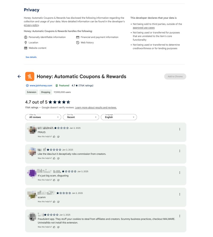 Screenshot of the Honey chrome browser extension page
