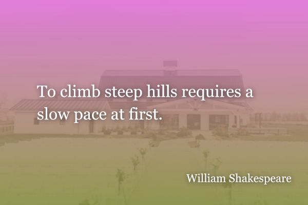 To climb steep hills requires a slow pace at first. - William Shakespeare