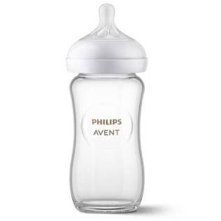 An 8oz glass bottle with the words “Philips Avent” on the front