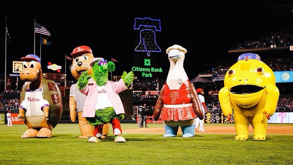 A photo of the Philly phanatic and the Galapagos gang(?) monsters at citizen bank park