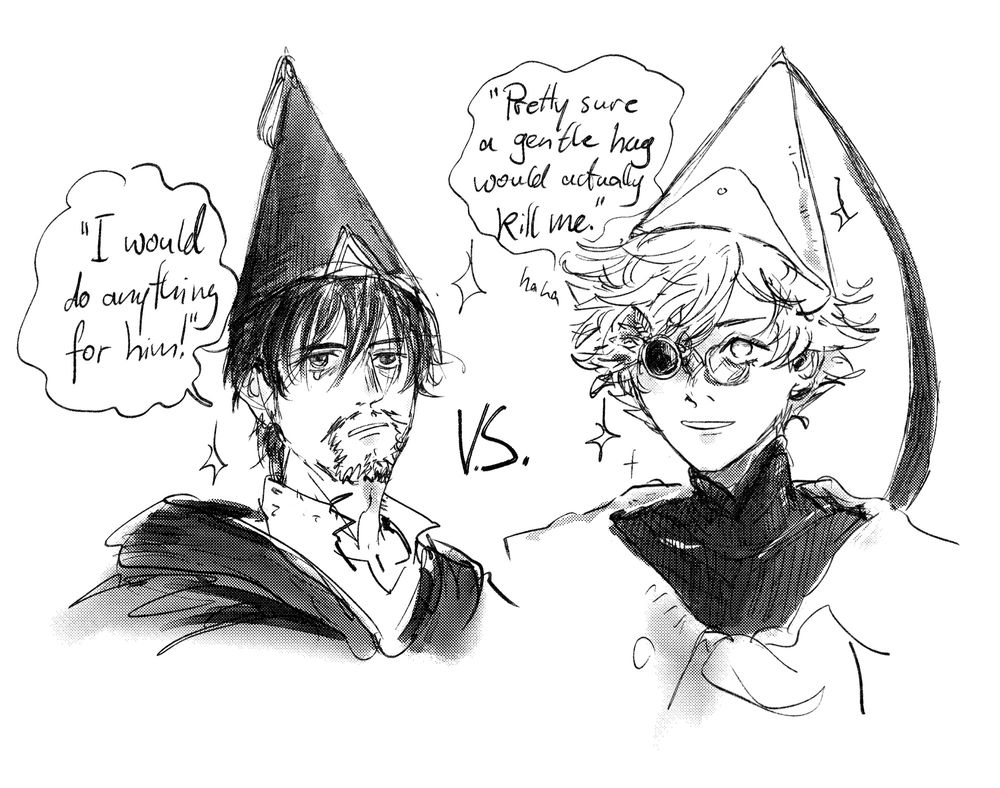 A sketch of Olruggio and Qifrey from Witch Hat Atelier. The speech bubble next to Olruggio‘s face says „I would do anything for him“ and the speech bubble next to Qifrey says „Pretty sure a gentle hug would actually kill me.“

