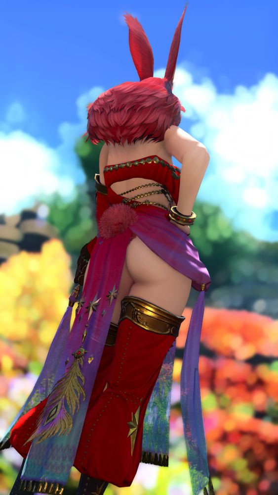 A red-haired Viera standing in the Lavender Beds wearing an outfit that leaves less ass to the imagination than one normally should.